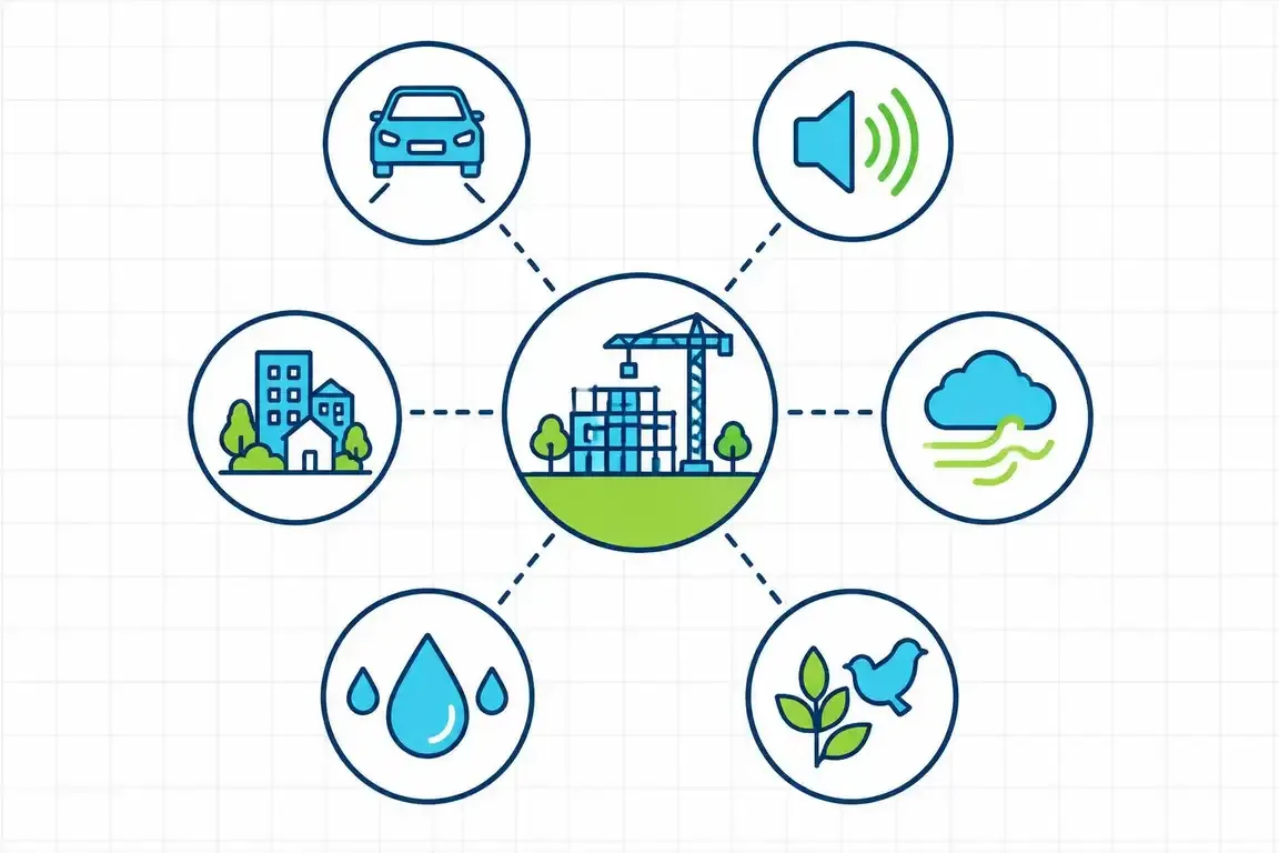 Diagram of a project site linked to traffic, noise, air, water, habitat and community impact topics