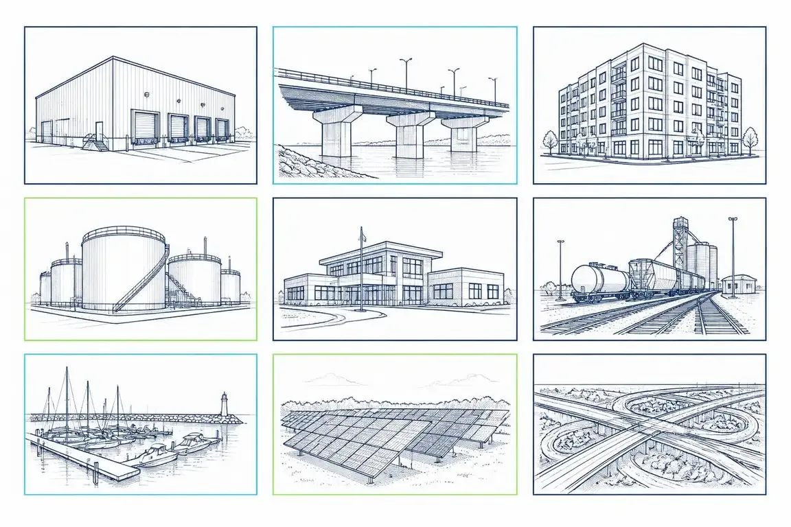 Line-art grid of representative Envicon project types