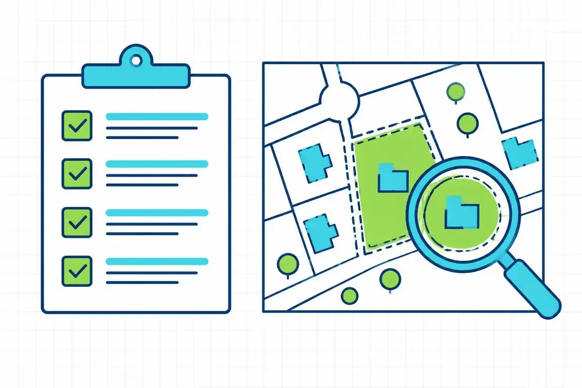 Diagram of an environmental assessment form checklist beside a site parcel map
