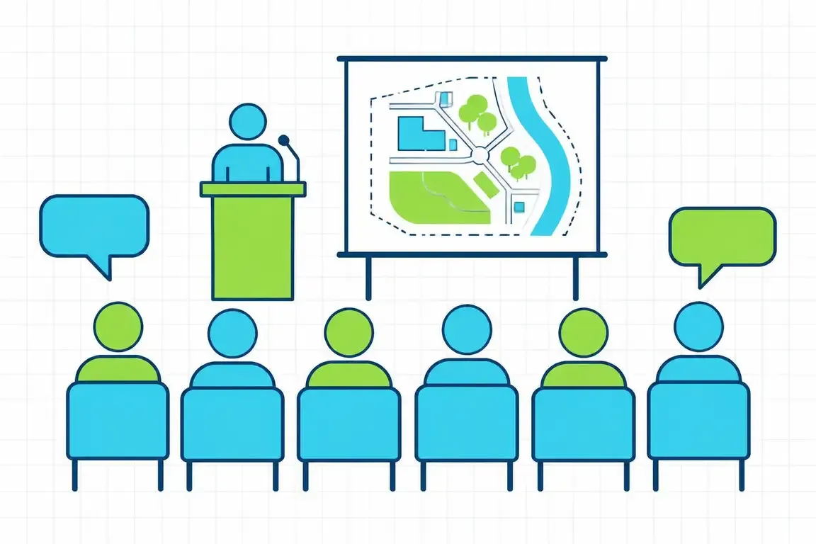 Diagram of a public hearing with a site plan presented to residents