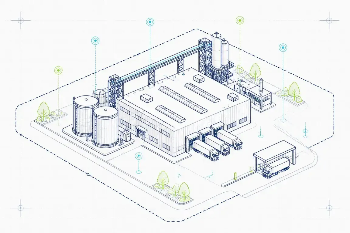 Isometric diagram of an industrial facility under compliance monitoring