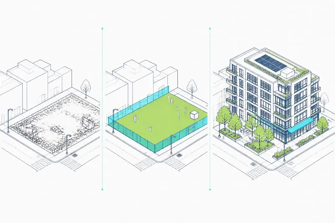 Diagram of a site progressing from vacant lot to redevelopment